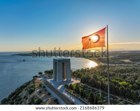 Canakkale - Turkey, Gallipoli peninsula, where Canakkale land and sea battles took place during the first world war. Martyrs monument and Anzac Cove. Photo shoot with drone in sunset landscape. Royalty-Free Stock Photo #2168686379
