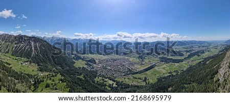 Aerial shot of Oberstdorf. The town is surrounded by the Bavarian alps of the Allgaeu region in Germany.