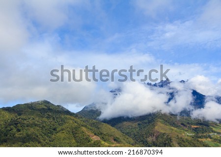 Mount Kinabalu covered in clouds with blue sky, Sabah Malaysia.