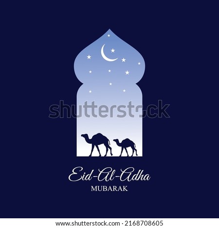blue Islamic background design with camel decoration, crescent moon, stars. suitable for the design of Eid al-Adha, Hajj, Eid al-Fitr, Ramadan, and other Islamic celebrations. islamic vectors. islamic Royalty-Free Stock Photo #2168708605