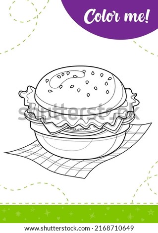 Coloring page for kids with yummy hamberger.
A printable worksheet, and vector illustration.