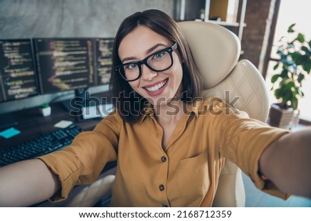 Photo of attractive cheerful lady sitting chair make selfie implement hacker security office indoors