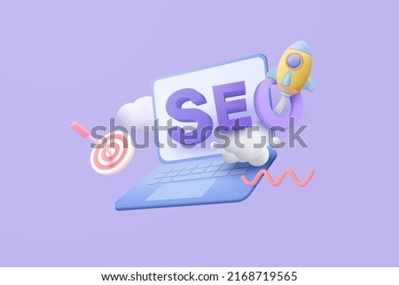 3D SEO optimization for marketing social media website on laptop concept. seo interface for website strategy and research planing in 3d laptop computer. 3d seo strategy vector icon render illustration Royalty-Free Stock Photo #2168719565