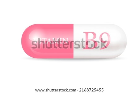 Capsule vitamin B9 structure pink and white. Beauty concept. Personal care. 3D Vector Illustration. transparent capsule pill. Drug business concept. Vitamin complex with chemical formula. Royalty-Free Stock Photo #2168725455