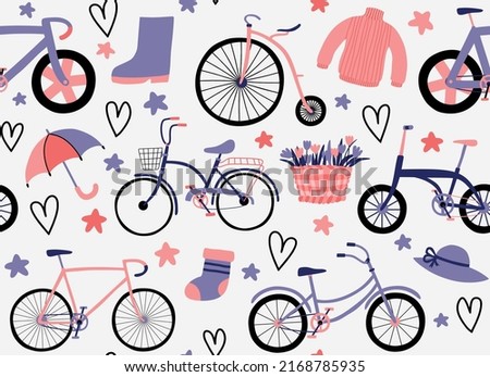 Hipster Doodles Colorful Seamless Pattern with bicycle drawing