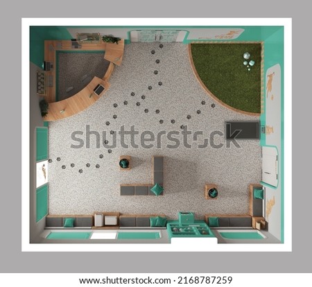 Veterinary clinic in turquoise and wooden tones. Waiting room with sitting benches and pillows, reception desk, play garden for cats and dogs. Interior design, top view, plan, above, 3d illustration