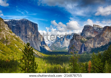 The view of the Yosemite Valley from the tunnel entrance to the Valley. Yosemite National Park, California Royalty-Free Stock Photo #216878755