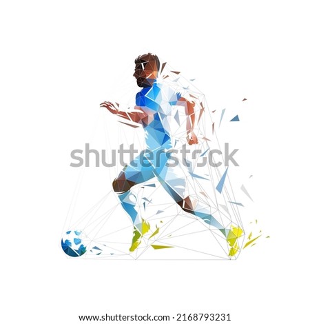 Football player running with ball, isolated low poly vector illustration, side view. Soccer, team sport athlete. Geometric footballer logo from triangles