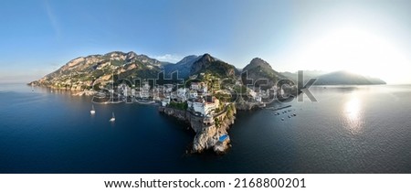 View from above, stunning panoramic view of the villages of Amalfi and Atrani. Amalfi and Atrani are two cities on the Amalfi Coast in the province of Salerno in the Campania region of south Italy. Royalty-Free Stock Photo #2168800201