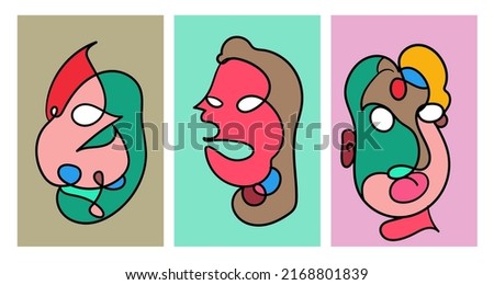 Vector doodle illustration continuous drawing of colorful people face. Mask in pop art style in white background.