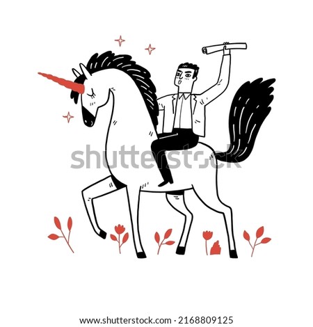Businessman riding a unicorn, Hand drawn vector illustrations.