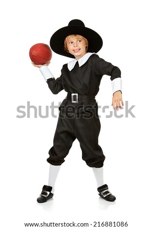 Thanksgiving: Holiday Pilgrim Boy Ready To Play Football