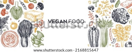 Vegan food sketched banner. Healthy food banner template. Middle eastern cuisine frame. Hand-drawn vegan meals and ingredients for menu, recipe, and packaging design. Vegan food sketches in color Royalty-Free Stock Photo #2168815647