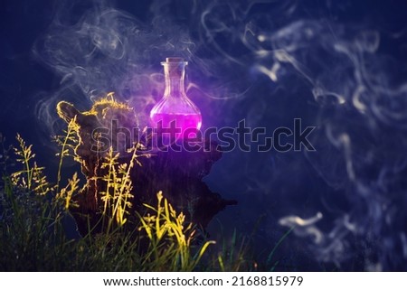bottle of magic potions in  magical forest Royalty-Free Stock Photo #2168815979