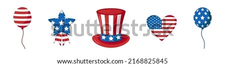 Vector set for Independence day. American flag. Collection with USA heart, star, hat and ballons. USA celebration. Uncle Sam's hat. Stickers. Royalty-Free Stock Photo #2168825845