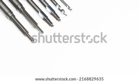 cutting tools special set drill, burnishing, cutter. hole making equipment, turning, milling. grinding auto parts. technical engineer. Coating tialn. Material carbide. Isolated on white background. Royalty-Free Stock Photo #2168829635