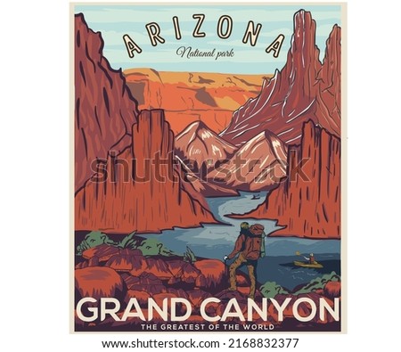 Grand canyon adventure t-shirt design. Arizona national park vector graphic print design for apparel, stickers, posters, background and others. Wild  lake vintage artwork. Royalty-Free Stock Photo #2168832377