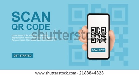 QR code scan service banner. Verification concept. 3d hand with smartphone scans QR code. Template design for website, landing page, ui, social media. Vector illustration Royalty-Free Stock Photo #2168844323
