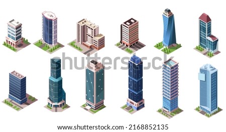 Isometric skyscrapers buildings collection. Set of business office and commercial towers. City development in 3D design. Finance cityscape architecture, street elements for map. Vector illustration Royalty-Free Stock Photo #2168852135