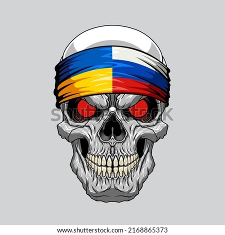 Evil skull in a bandana from the Russian and Ukrainian flag. Vector illustration.