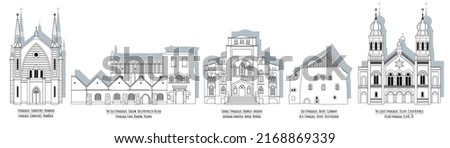 Synagogues in European cities: Kharkiv, Pilsen, Erfurt, Cracow, Caransebes. Black and white. Vector illustration

 Royalty-Free Stock Photo #2168869339