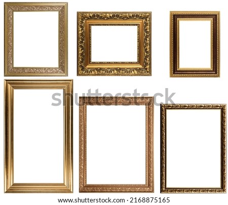 Set Classic Old Vintage Wooden mockup canvas frames isolated on white background. Blank Beautiful and diverse subject moulding baguette. Design element. use for framing paintings, mirrors or photo.