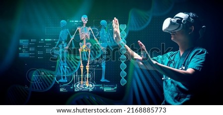 Digital healthcare and medical remote doctor technology concept AI metaverse doctor optimize patient care medicine pharmaceuticals biologics treatment examination diagnosis, doctor working with VR  Royalty-Free Stock Photo #2168885773
