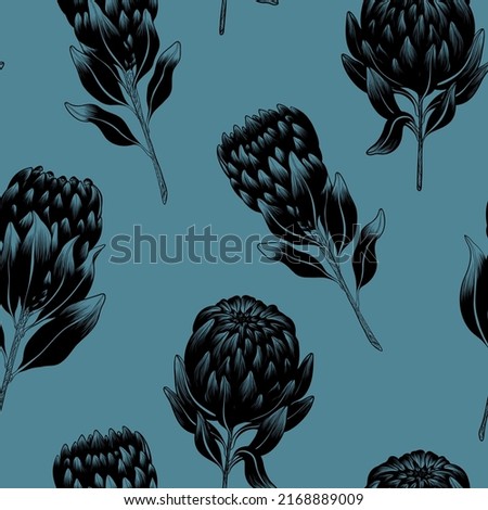 Graphic Protea Flowers. Monochrome seamless pattern on blue background. Floral exotic pattern. Black and white flowers.