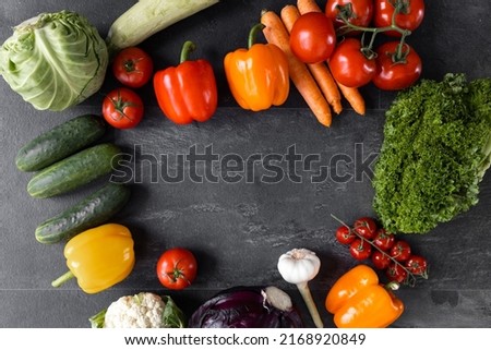 Fresh fruits and vegetables . On a black background. Banner Top view. Healthy food concept
