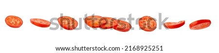 Tomato slice top view isolate. Tomato on white background. Set of round tomato slices. With clipping path. Royalty-Free Stock Photo #2168925251
