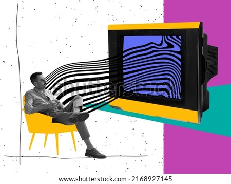 Media and their influence. Young man watching retro Tv set on abstract background with drawings. Contemporary art collage. Art, fashion and music. Ideas, vintage, retro style, imagination Royalty-Free Stock Photo #2168927145