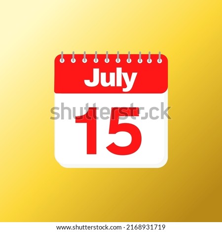 Day 15 of july month with red calendar design and yellow background with 3d shadow vector illustration 