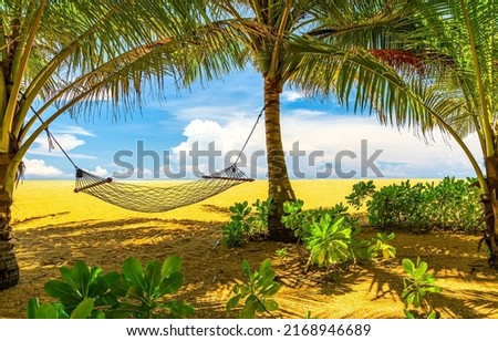 Hammock on beach. Hammock on palm beach. Hammock between palm trees on a sandy tropical beach. Hammock on tropical beach Royalty-Free Stock Photo #2168946689