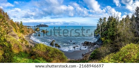 Panorama of the sea coast. Coastal panorama of sand beach. Sea coast sand beach panorama. Seashore sandy beach coastal panorama Royalty-Free Stock Photo #2168946697