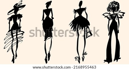 Vector illustration with fashion figures. Black silhouettes.