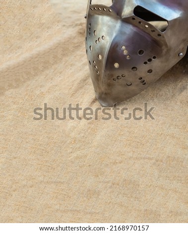 close-up iron helmet with visor protection of middle ages warrior