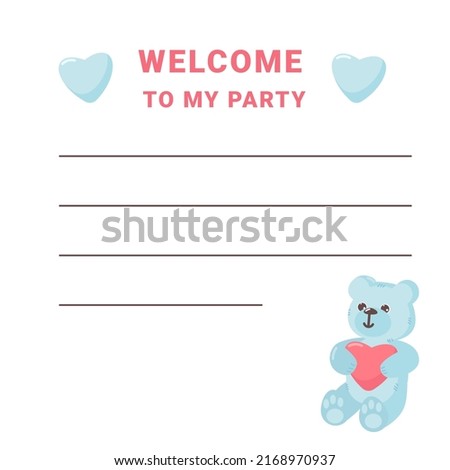 Funny bear invitation to kids party. Cartoon illustration suitable for invitation card.