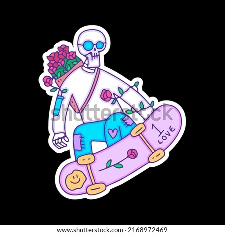 Cool skull wearing sunglasses with bucket flowers riding skateboard, illustration for t-shirt, sticker, or apparel merchandise. With doodle, retro, and cartoon style.