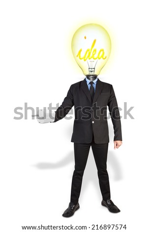 Creative man with light bulb on filament spelling out idea 