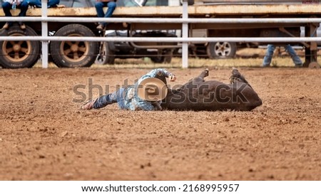 Cowboy wrestles calf to the ground in event at country rodeo Australia