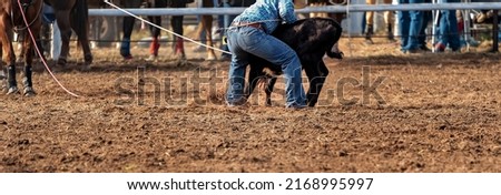 Cowboy wrestles calf to the ground in event at country rodeo Australia
