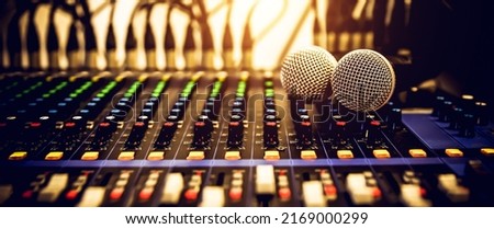 Close-up microphone and sound mixer in studio for sound record control system and audio equipment and music instrument Royalty-Free Stock Photo #2169000299