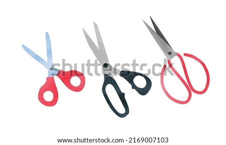 Scissors set watercolor drawing vector illustration isolated on white background. Scissors clipart. Scissors cartoon hand drawn flat style. Tools for cutting hair or needlework