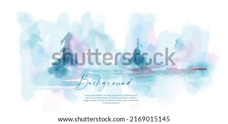 cloudy blue mountain background on lake and pine with watercolor. Mountain images for banners, book covers, weddings, postcards, posters and advertising