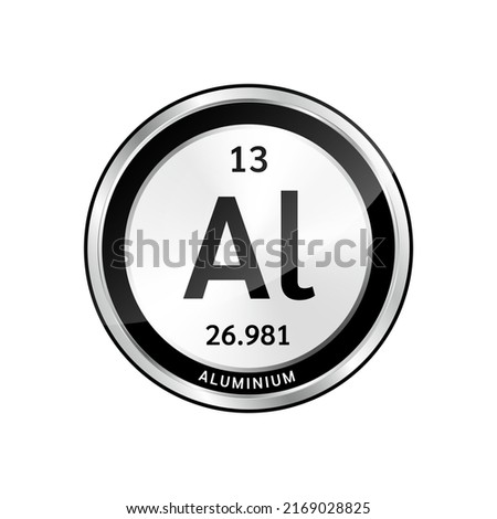 Aluminum (Al) symbol icon and chemical formulas atomic number scientific element. Periodic table in a silver. Ecology biochemistry concept. Isolated spheres on white background. 3D Vector.
