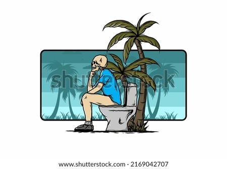 Skeleton man sit on outdoor toilet illustration drawing design