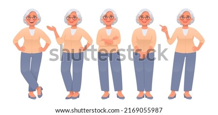 Mature woman character set. Elderly energetic woman posing and pointing at something. Vector illustration in cartoon style Royalty-Free Stock Photo #2169055987