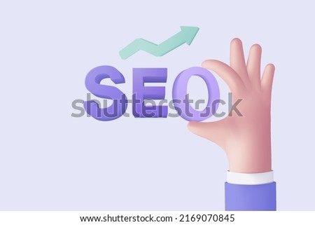 3D SEO optimization with holding hand for marketing social media concept. Interface for web analytics strategy and research planing in background. 3d seo strategy vector icon render illustration Royalty-Free Stock Photo #2169070845