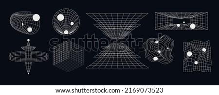 Set of abstract futuristic geometric shapes with lines. Retro set space shapes in form grid. Royalty-Free Stock Photo #2169073523