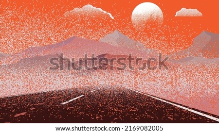 Mountain silhouettes with sun.  Peaks in sunset.  Curved road. Fog over mountain landscape . Summit and sunset logo .Vector